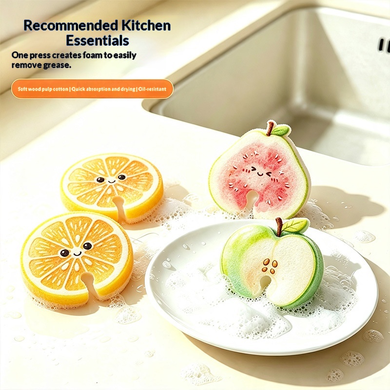 Cute Cartoon Fruit Series Wood Pulp Sponge Dishwashing Brush