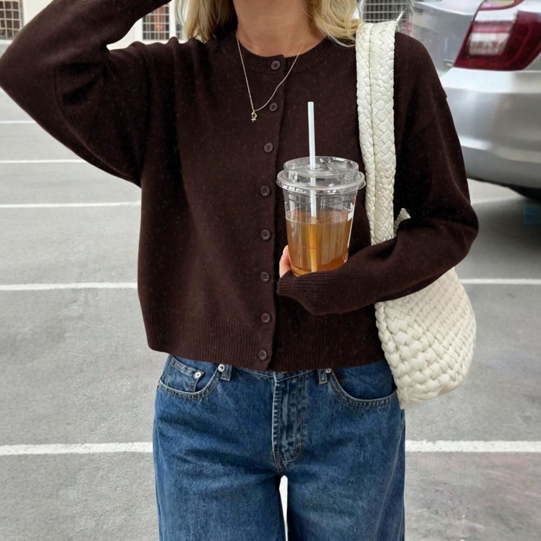 Round-neck Button-front Cardigan Loose-fit Sweater Knitted Outerwear