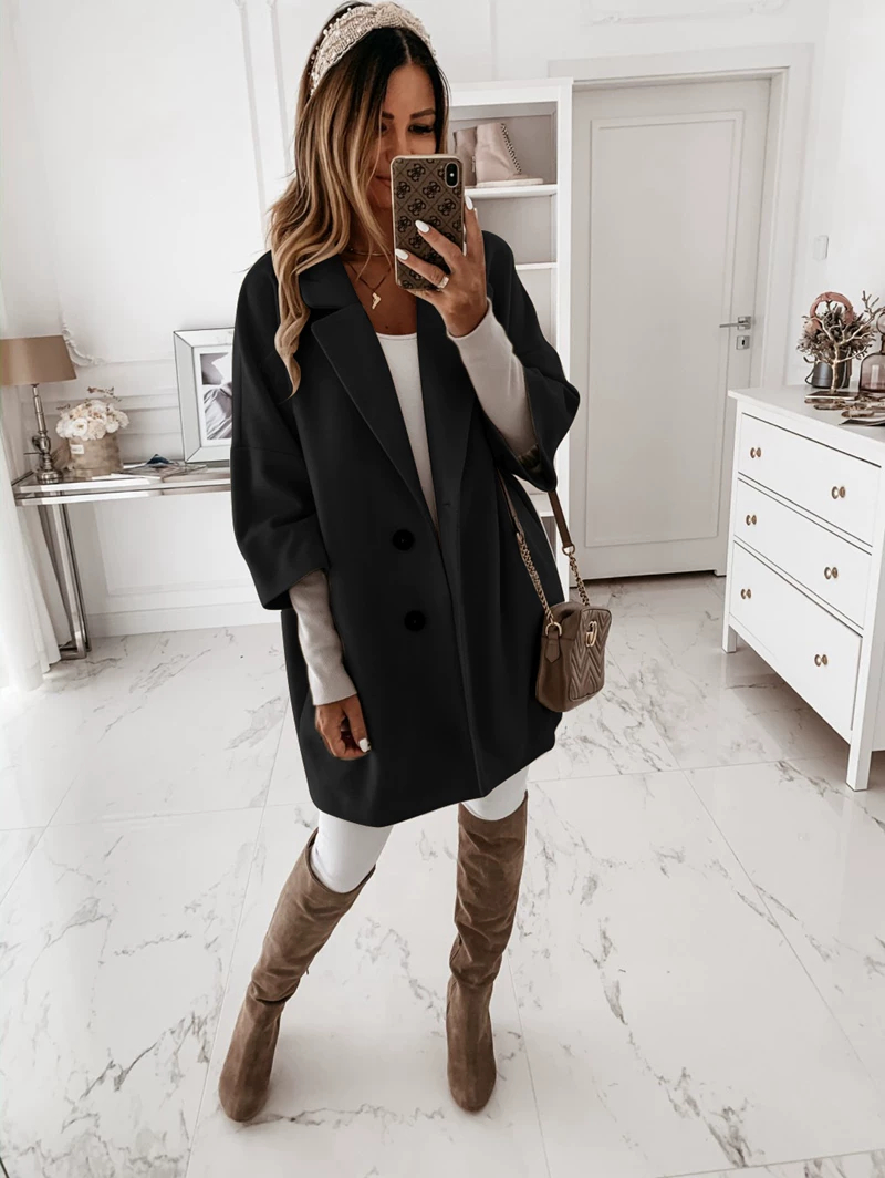 Women's winter lapel pocket jacket – casual fashion coat – front view