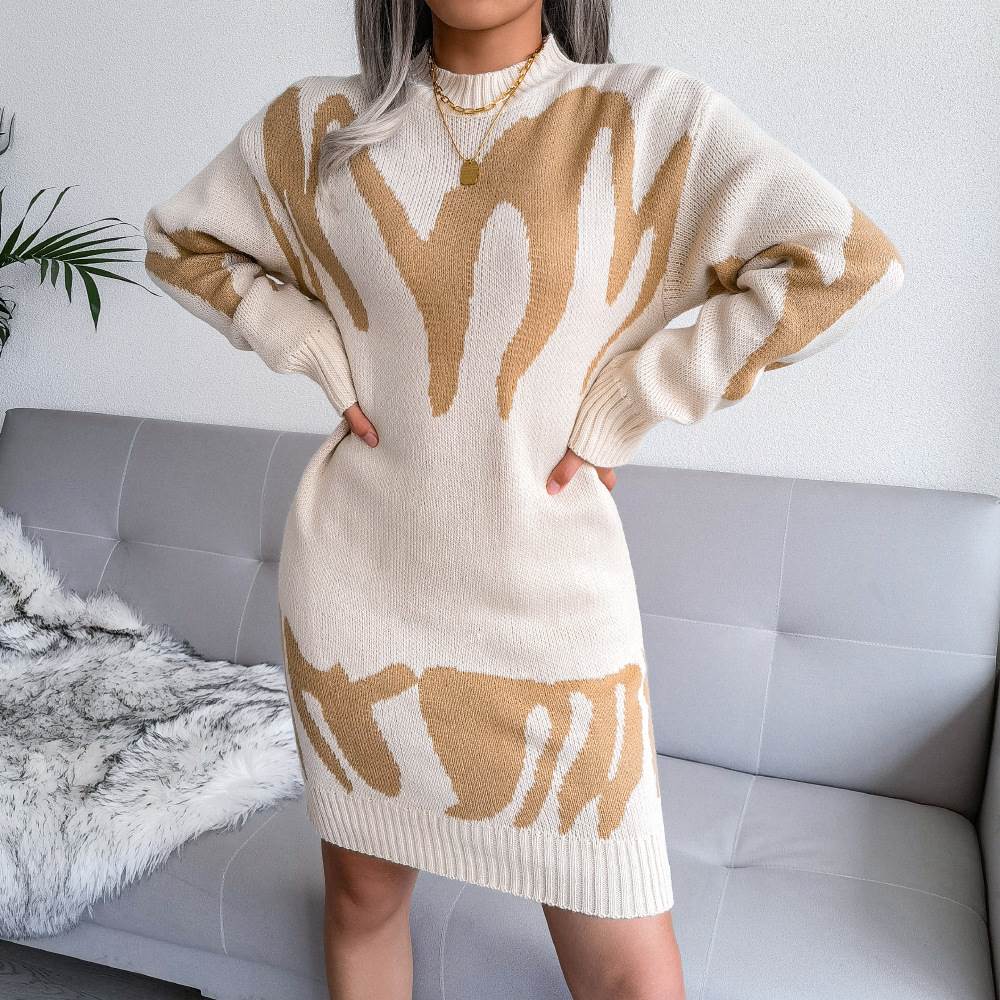 Women's winter knit sweater dress – long sleeve pullover – front view