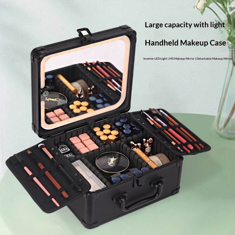 Trusă cosmetică de mare capacitate, cu iluminare magnetică și compartiment pentru oglindă