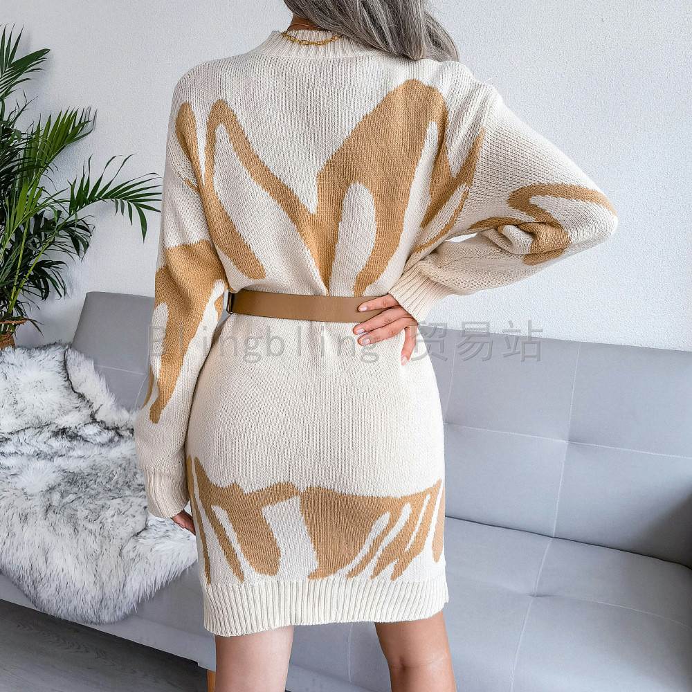 Women's knit dress – gray colorway styled with boots for autumn