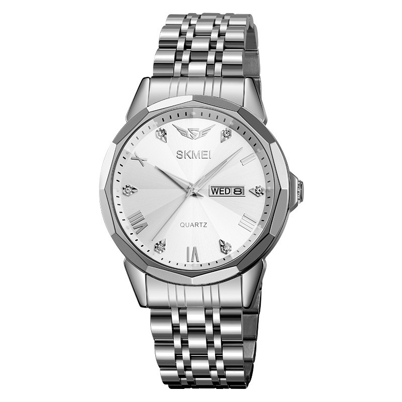 Business Solid Steel Band Calendar Casual Waterproof Watch Silver Case Silver Surface
