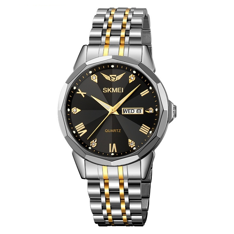 Business Solid Steel Band Calendar Casual Waterproof Watch Golden Shell Black Surface