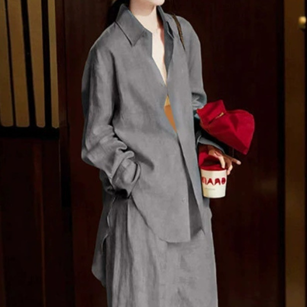 Old-money-style Relaxed-fit Figure-flattering Long-sleeve Shirt And Trousers Two-piece Set