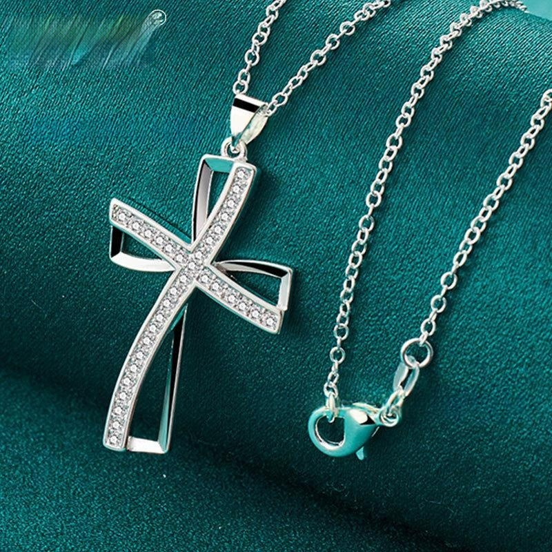 Double-layer Cross Necklace With Zircon-inlaid Silver Pendant And Snake Chain