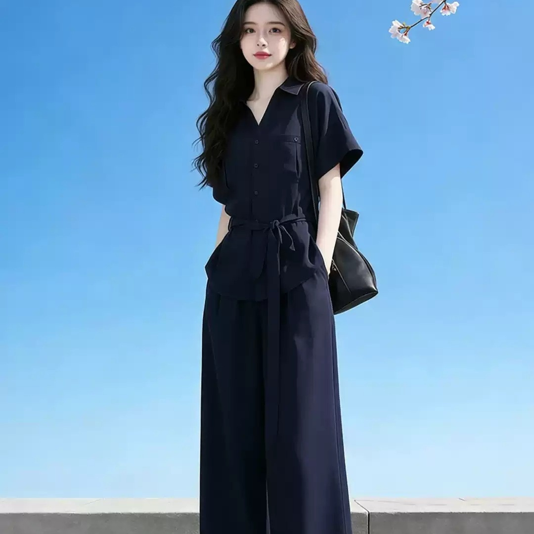 Trendy Korean-style Commuter Short-sleeve Shirt And Casual Wide-leg Pants Two-piece Set