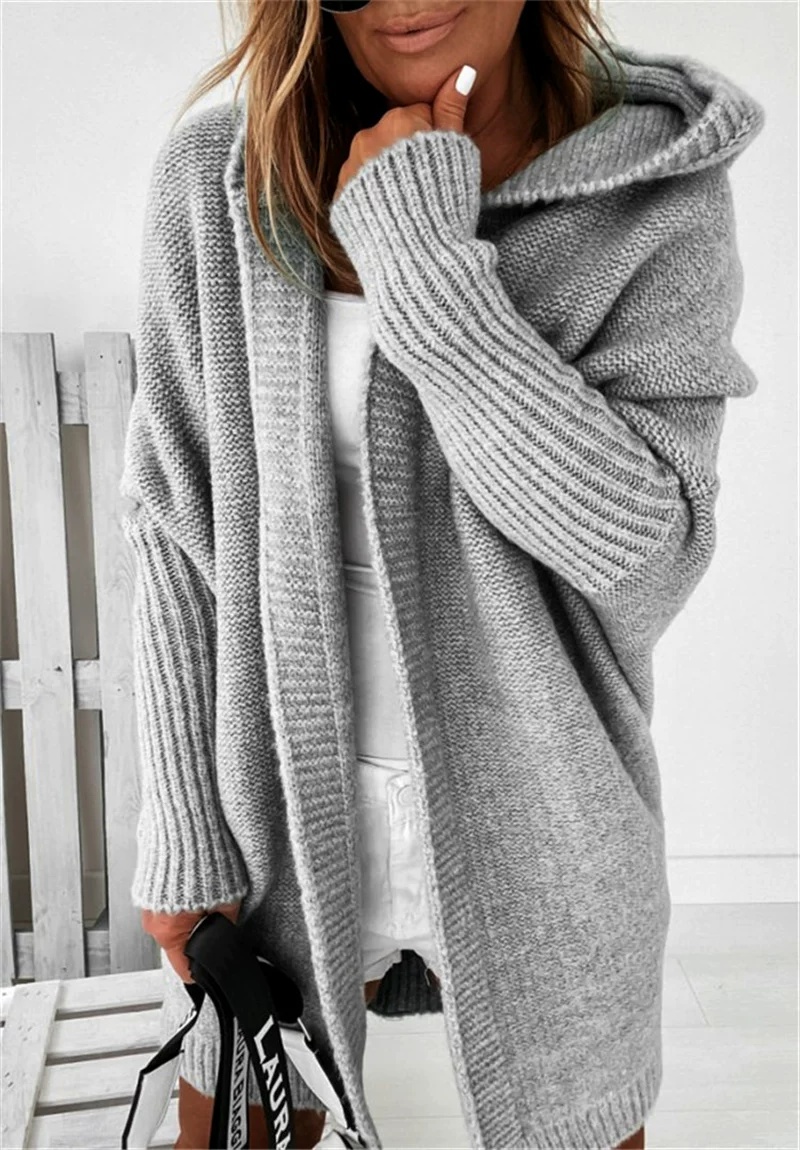 Knitted Hooded Bat Sleeve Jacket, picture 2 of 9