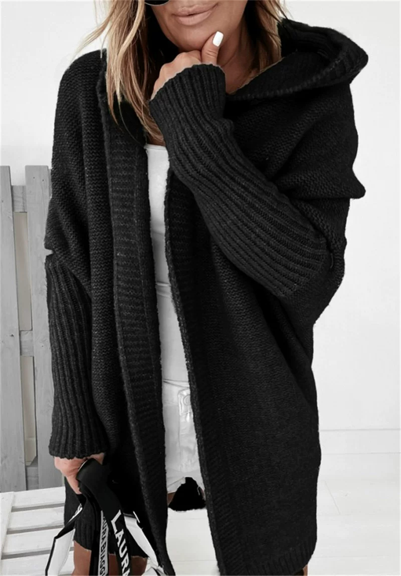 Knitted Hooded Bat Sleeve Jacket, picture 9 of 9