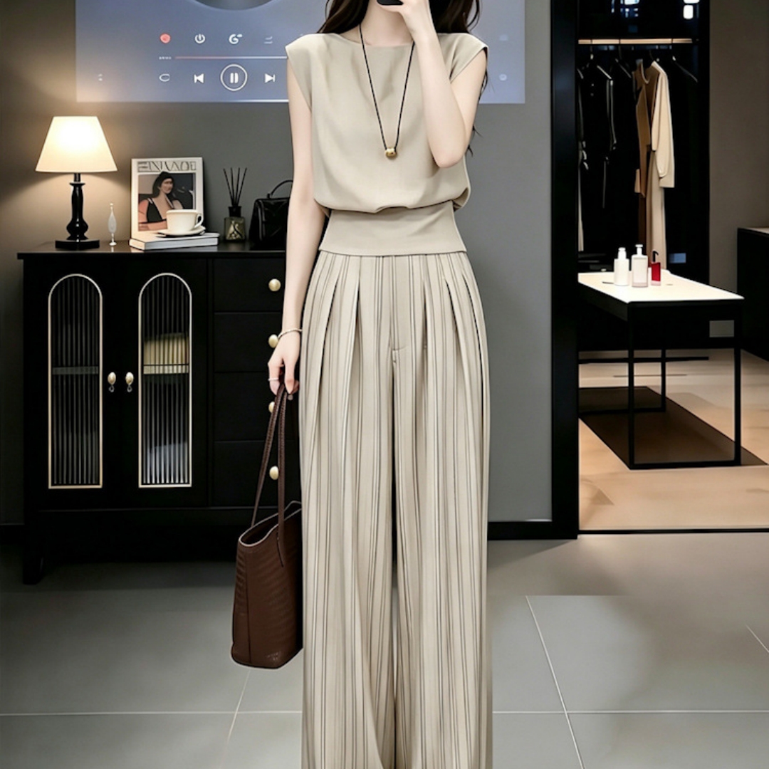 Casual Two-piece Set Chic Solid-color Wide-leg Pants A Complete Fashionable Outfit