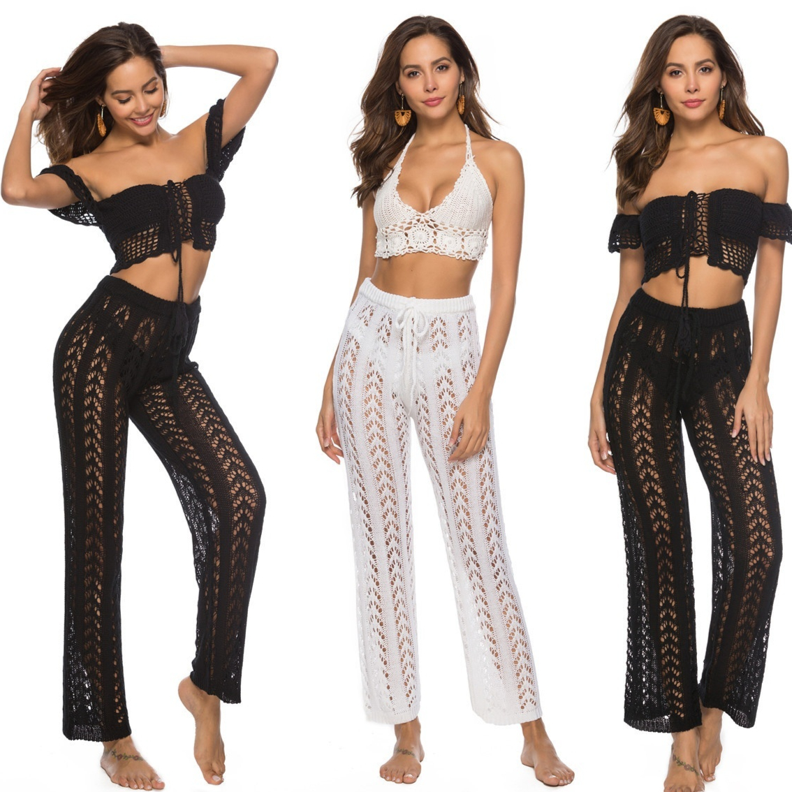 Womens Hollowed-Out Loose Wide-Leg Pants