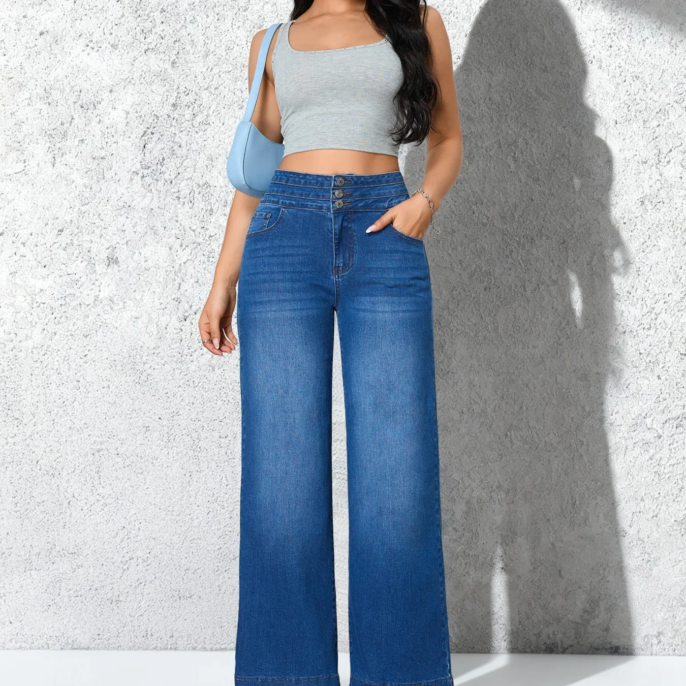 Womens Wide-leg Pants, Loose-fitting Stretchy Denim Straight-leg