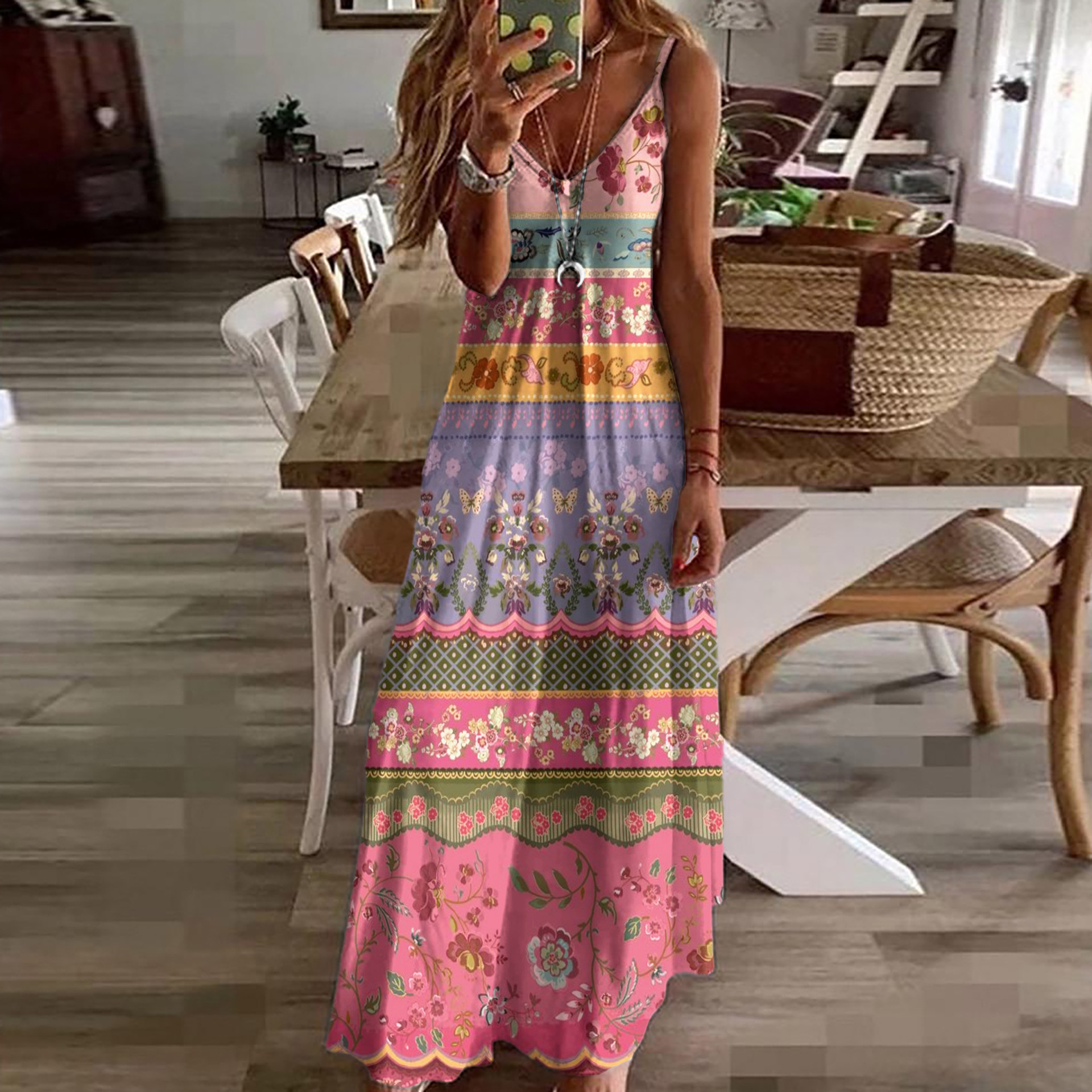 Fashionable Womens Floral-print V-neck Strap Maxi Dress