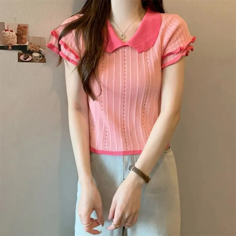 Ice-silk Knitted Short-sleeved T-shirt Womens Top