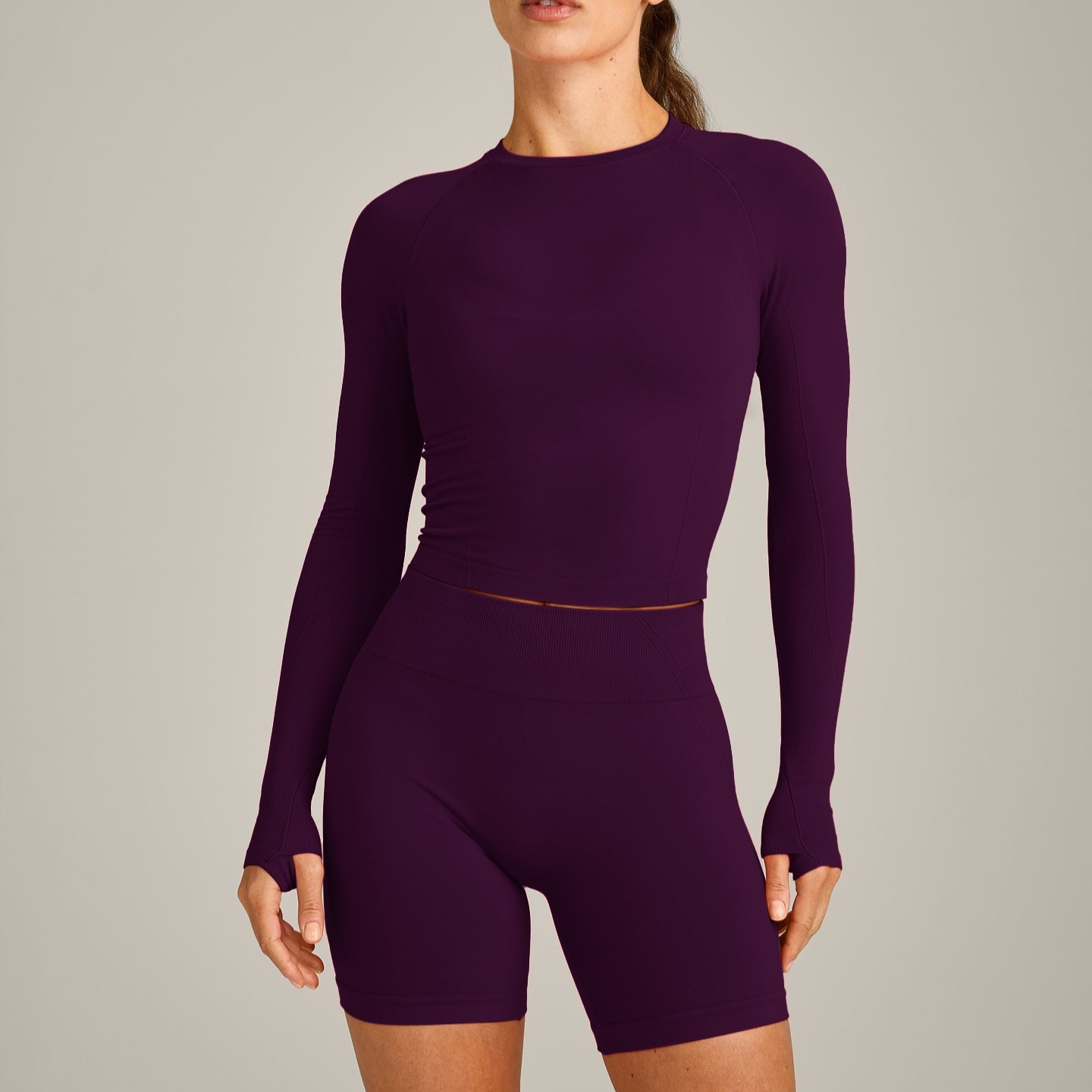 Solid-color Long-sleeve Top And Athletic Shorts Set