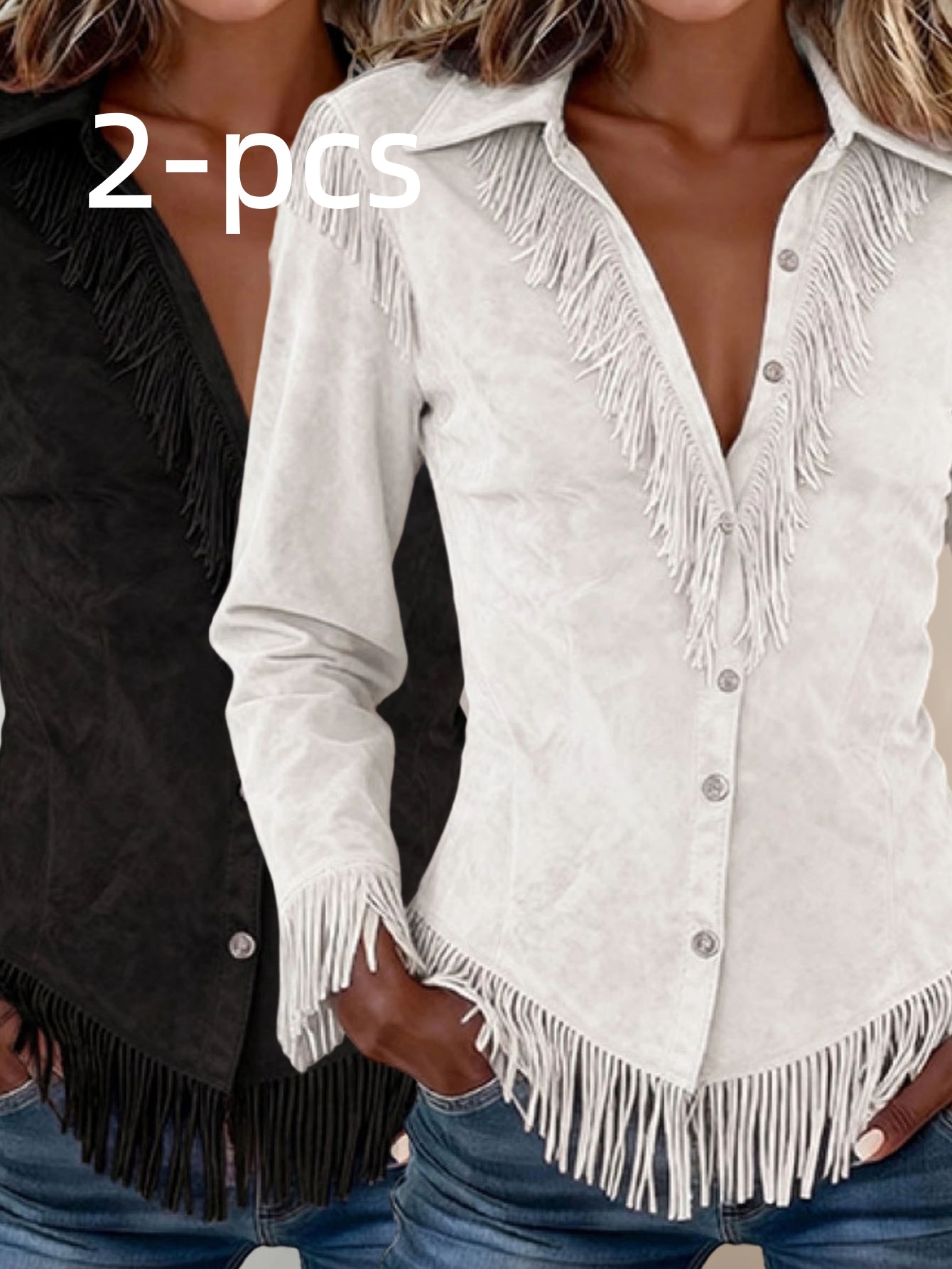 Western Cowboy-Style Suede Fringe Slim-Fit Long-Sleeve Shirt
