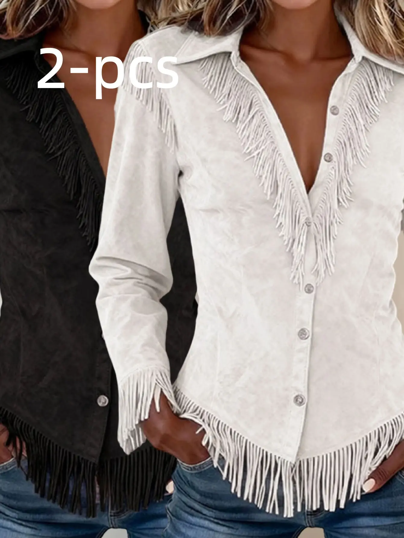 Western Cowboy-Style Suede Fringe Slim-Fit Long-Sleeve Shirt