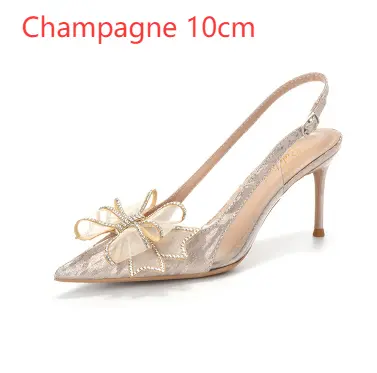 French Crystal High Heels Bow Wedding Rhinestone Pointed Toe Stiletto Summer Women's Sandals Gold Bridal Shoes