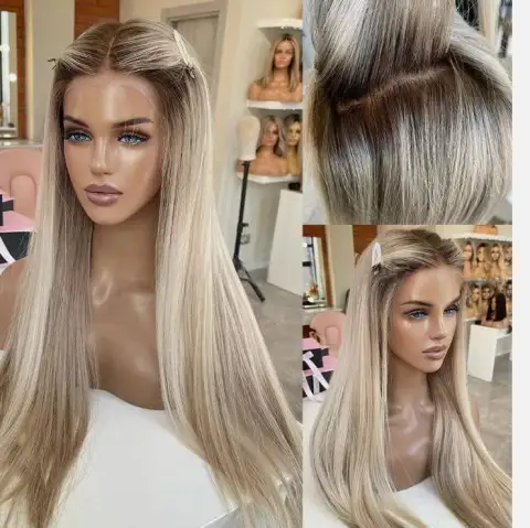 Womens Synthetic Wig Titanium Blonde Long Straight Hair