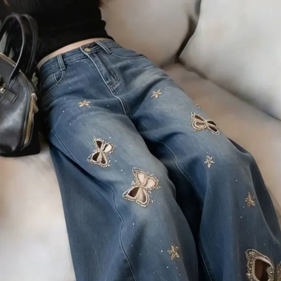 Butterfly Rhinestone Trimmed Narrow Legged High Waisted