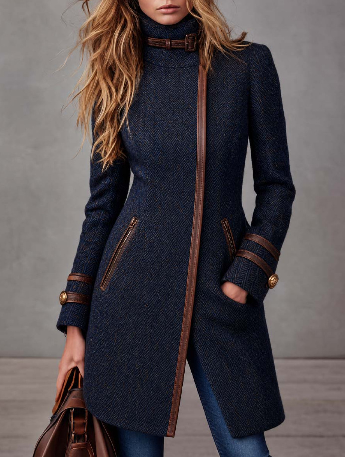 Mid-length Tweed Coat With Side Zipper And Herringbone Pattern