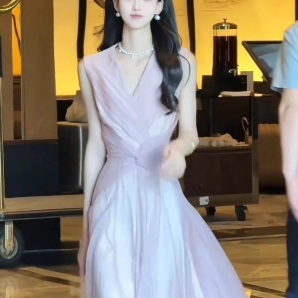Luxury Young Ladys French Hepburn-style Elegant Sleeveless Knot-detail Dress
