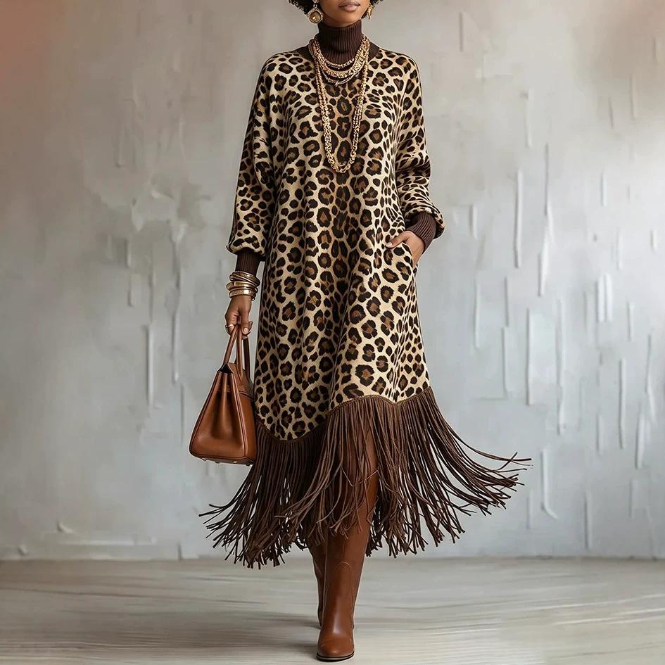 High-neck Leopard-print Tassel Long Casual Dress