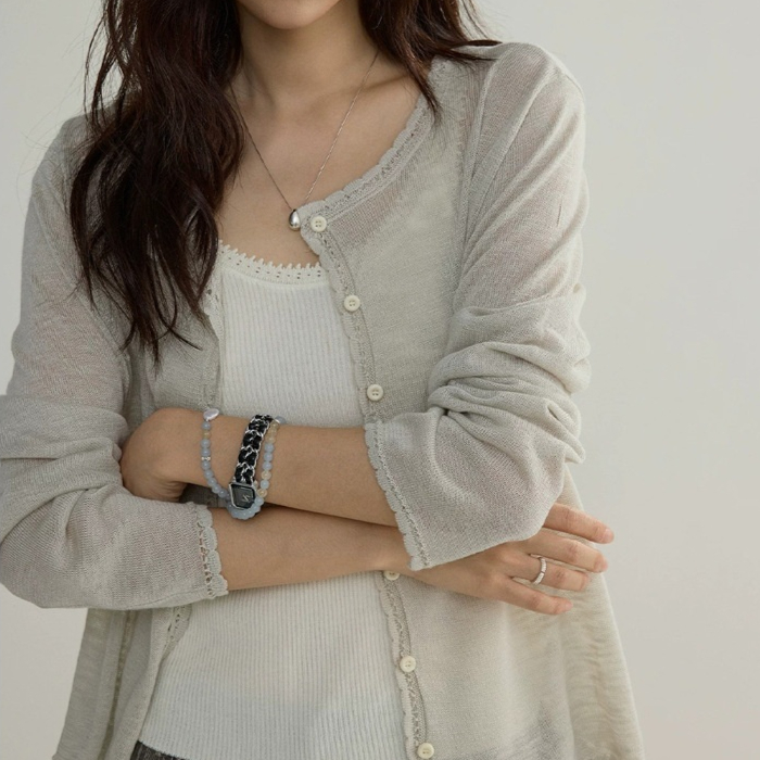 Loose-fitting Cropped Linen Knit Cardigan For Women
