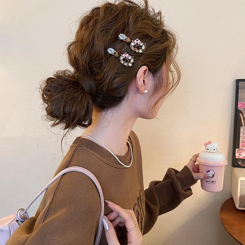 Sweetheart Rhinestone Leopard-Print Cat Hair Clip For Women With Bangs