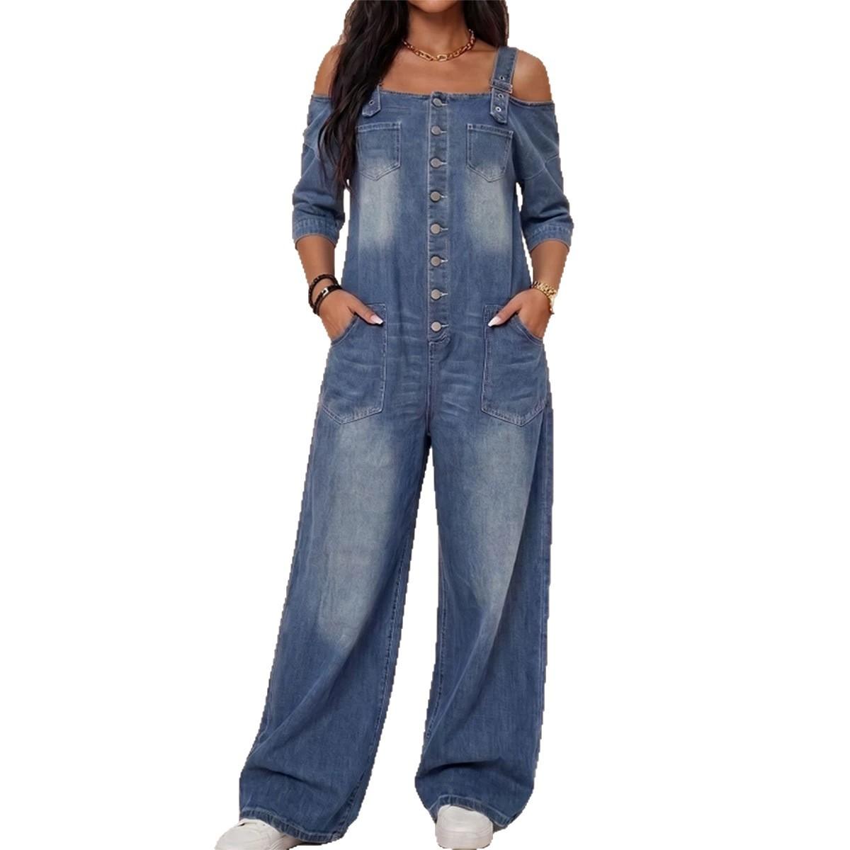 Off-Shoulder Suspender Pocket Denim Wide-Leg Jumpsuit For Women