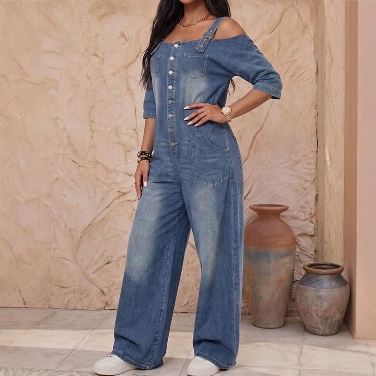 Off-Shoulder Suspender Pocket Denim Wide-Leg Jumpsuit For Women