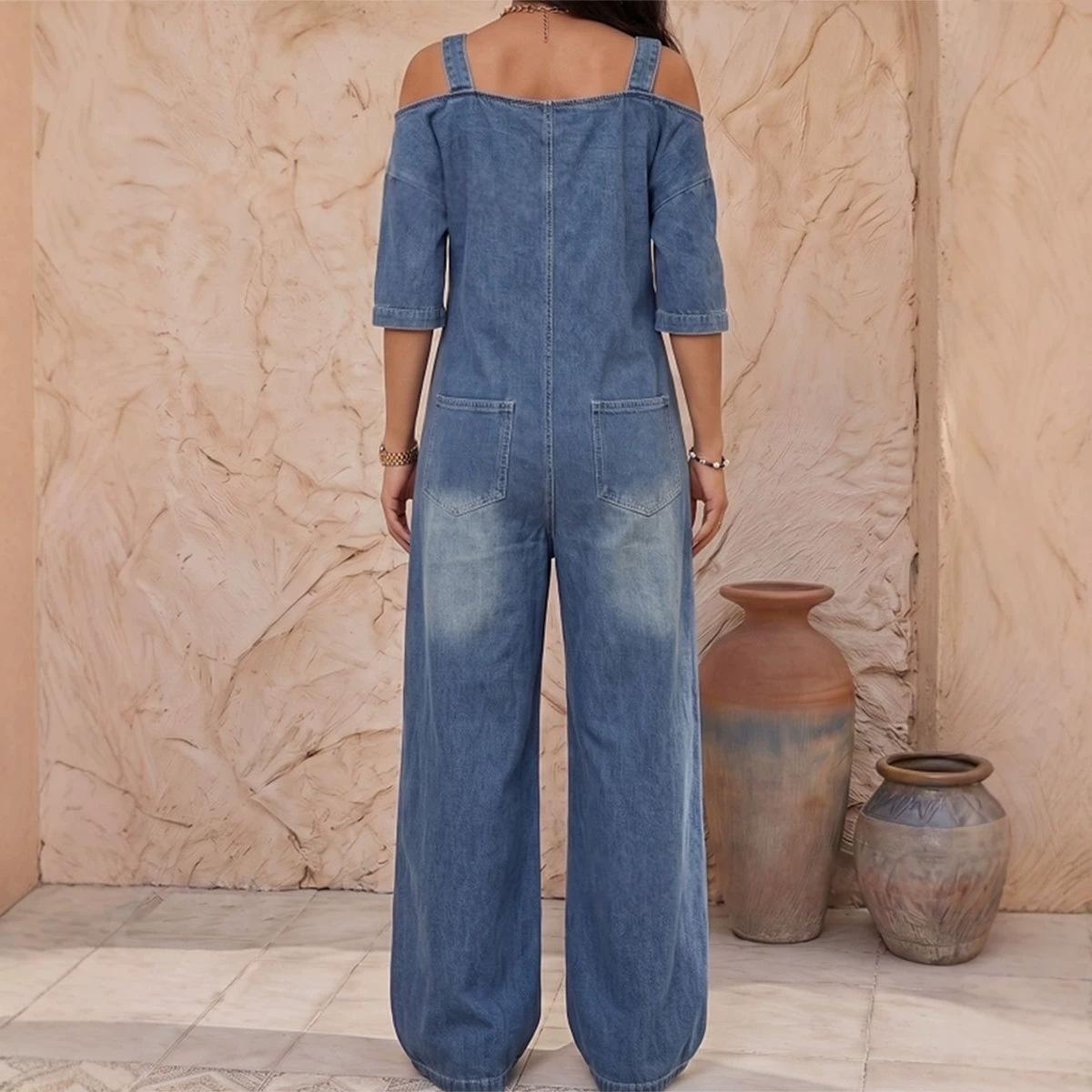 Off-Shoulder Suspender Pocket Denim Wide-Leg Jumpsuit For Women