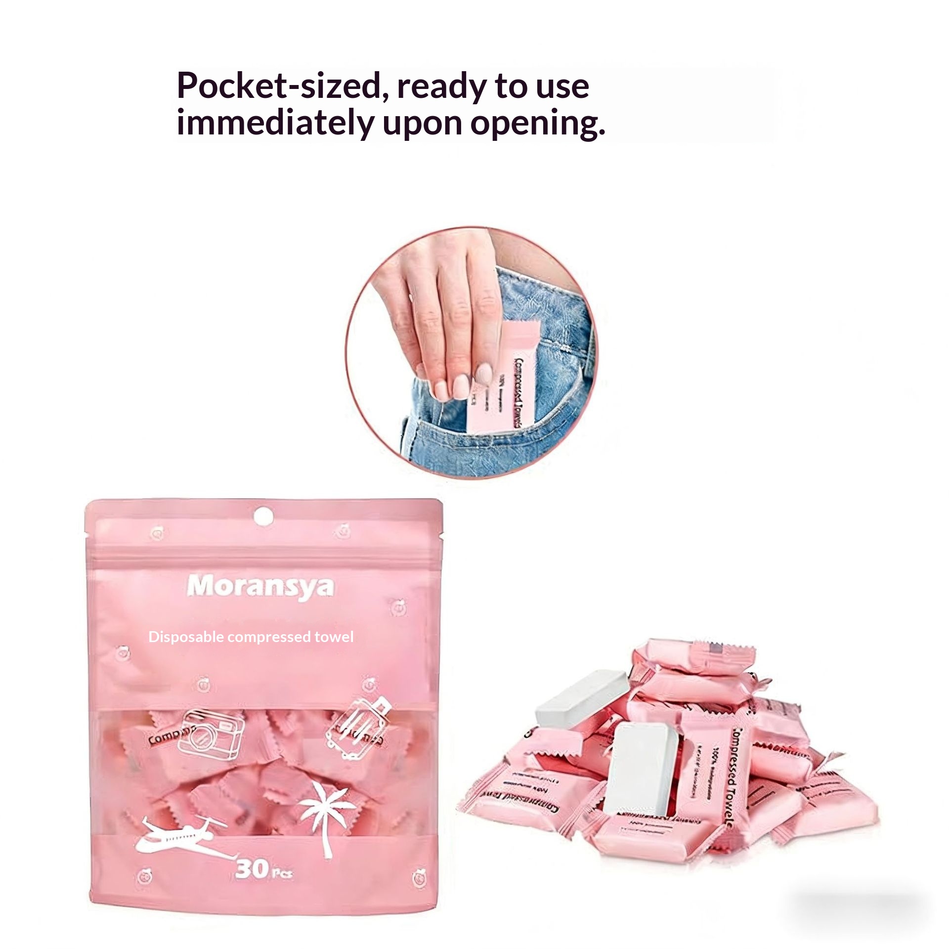 Blue compressed towel tablets and packaging showing 6-count compressed face cloths