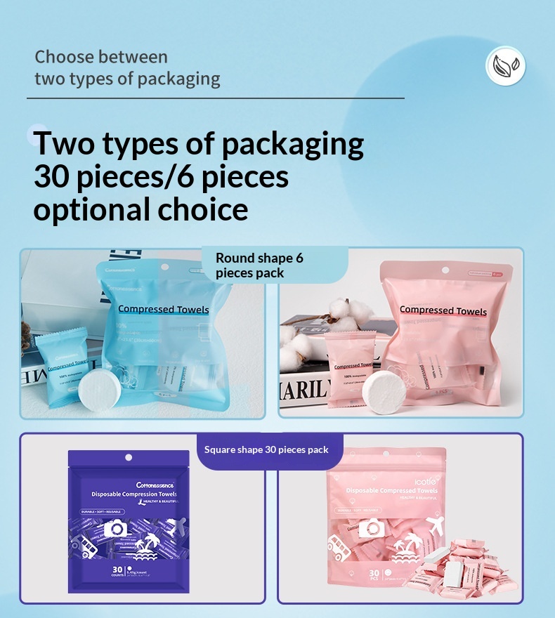Blue and pink disposable compressed towel packs shown together for comparison