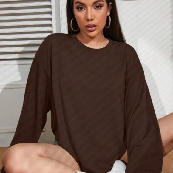 Womens Loose-Fit Solid-Color Plus-Size Long-Sleeve T-Shirt