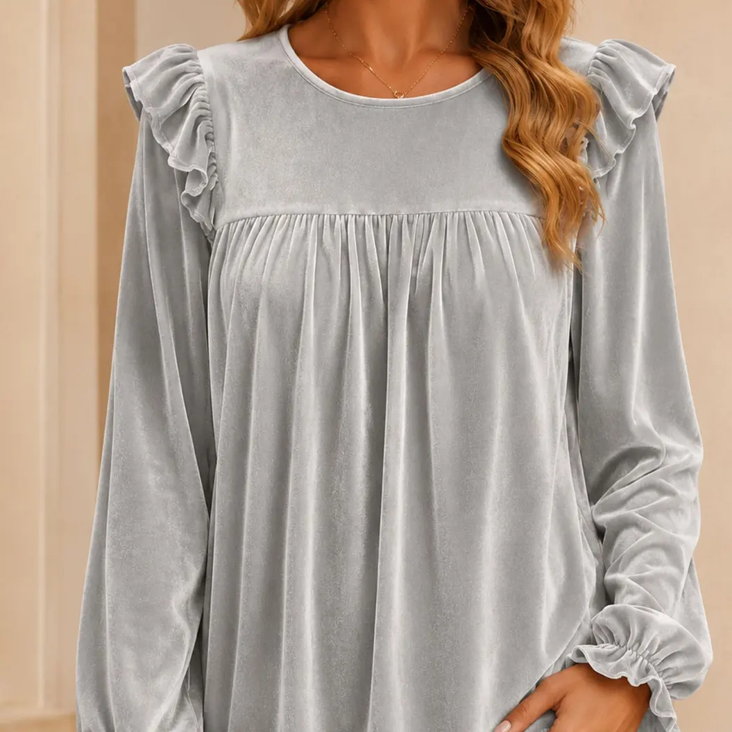 Womens Solid-color Velvet Long-sleeve Top