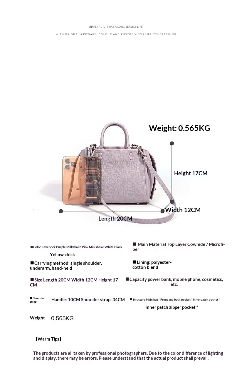 Cowhide handbag double-strap detail