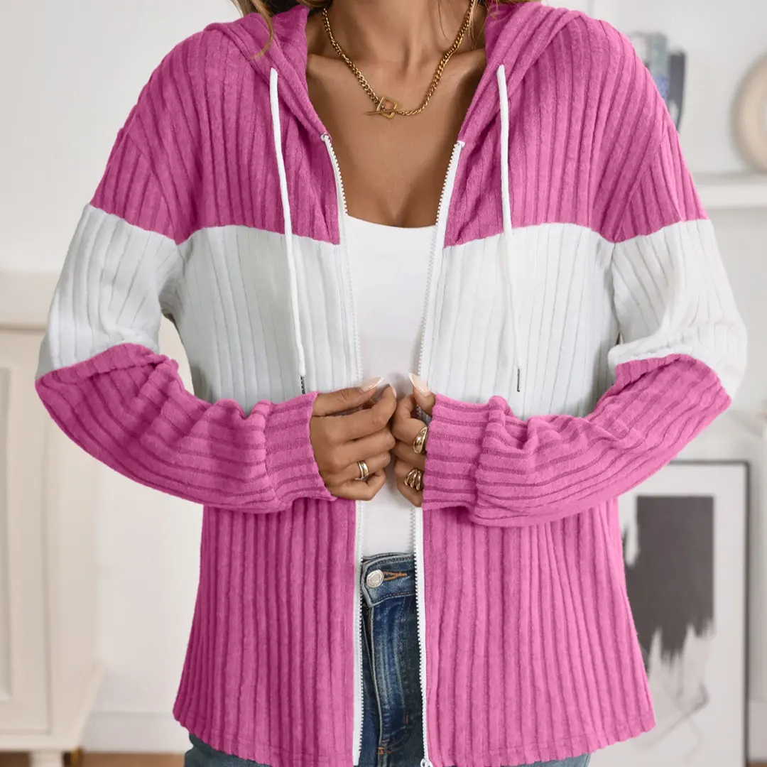 Womens Zippered Cardigan-Style Casual Long-Sleeve Colorblock T-Shirt