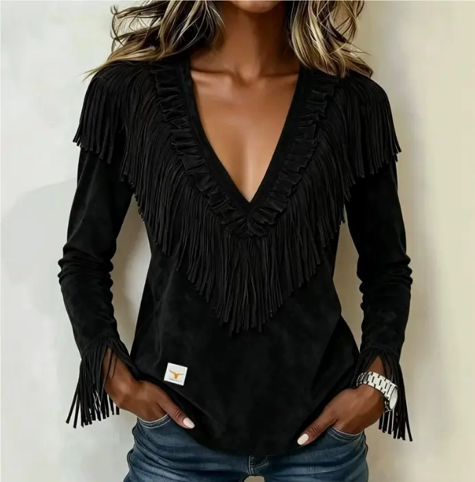 Tasseled Suede V-Neck Fashionable Slim-Fit Womens Blouse