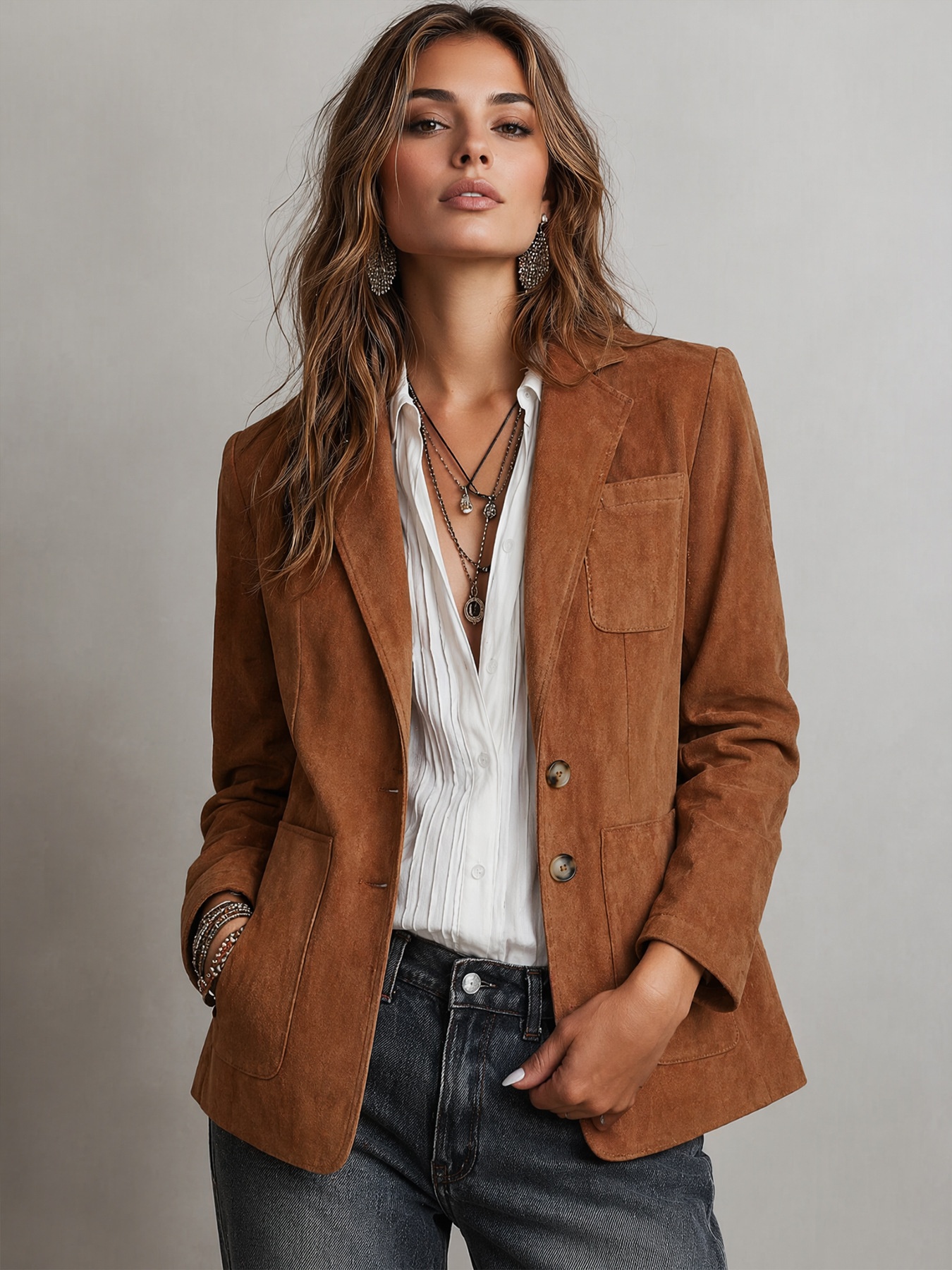 Women's faux-suede lapel blazer supplier image 1