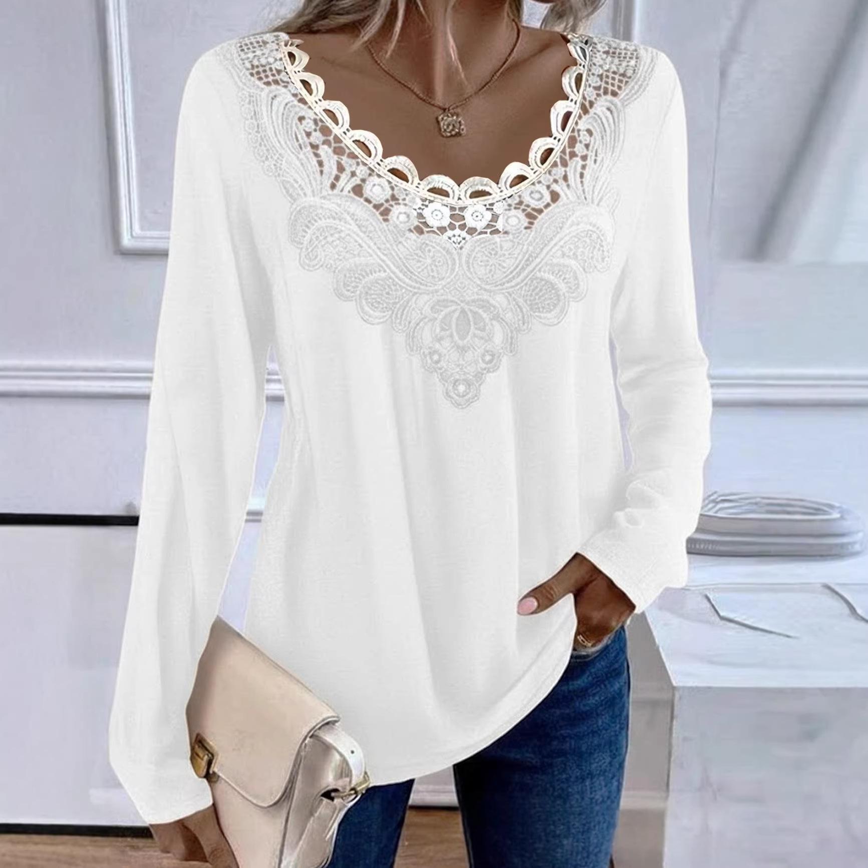 Floral Print Base New Lace-trimmed Low-neck Long Sleeves