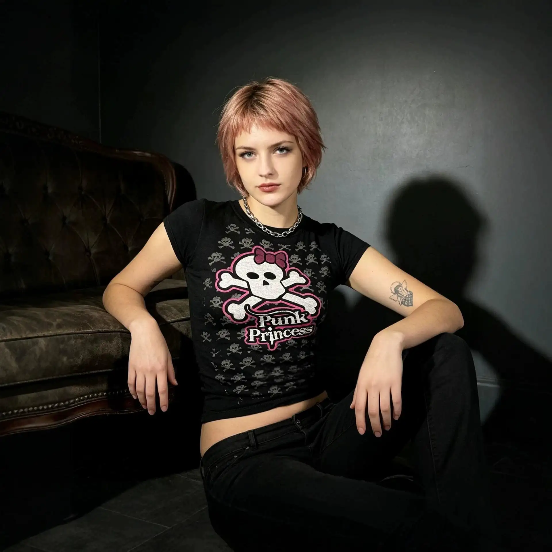 American-style Dark-themed Print Round-neck Short Sleeves