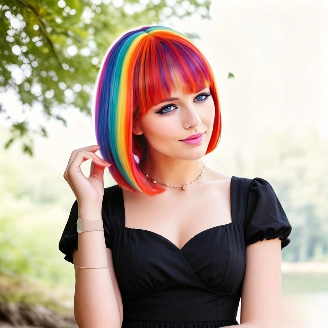 Rainbow Multi-Color Bangs Synthetic Bob Wig Cap