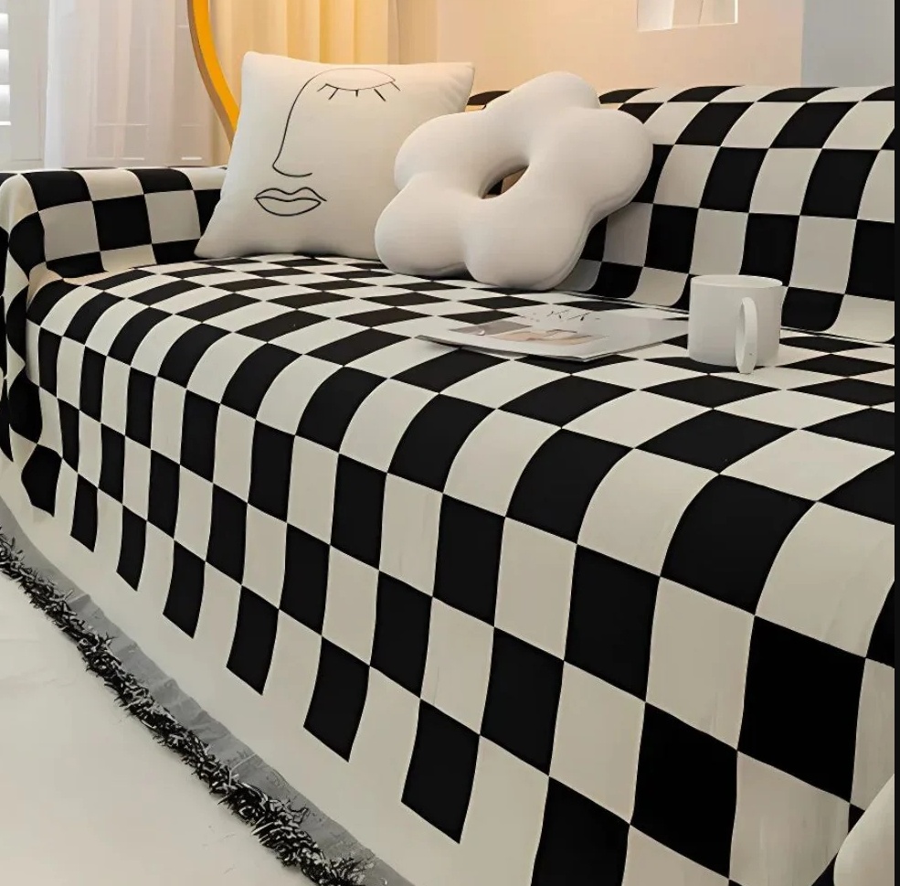 Chenille Black-and-white Checkerboard Sofa Cushion