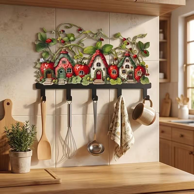 Decorative Wall-mounted Key Rack With A Strawberry Cottage Design For Hanging Utensils