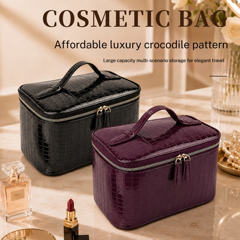 Trusă de cosmetice cu imprimeu de crocodil, ușoară, de lux, cu capacitate mare