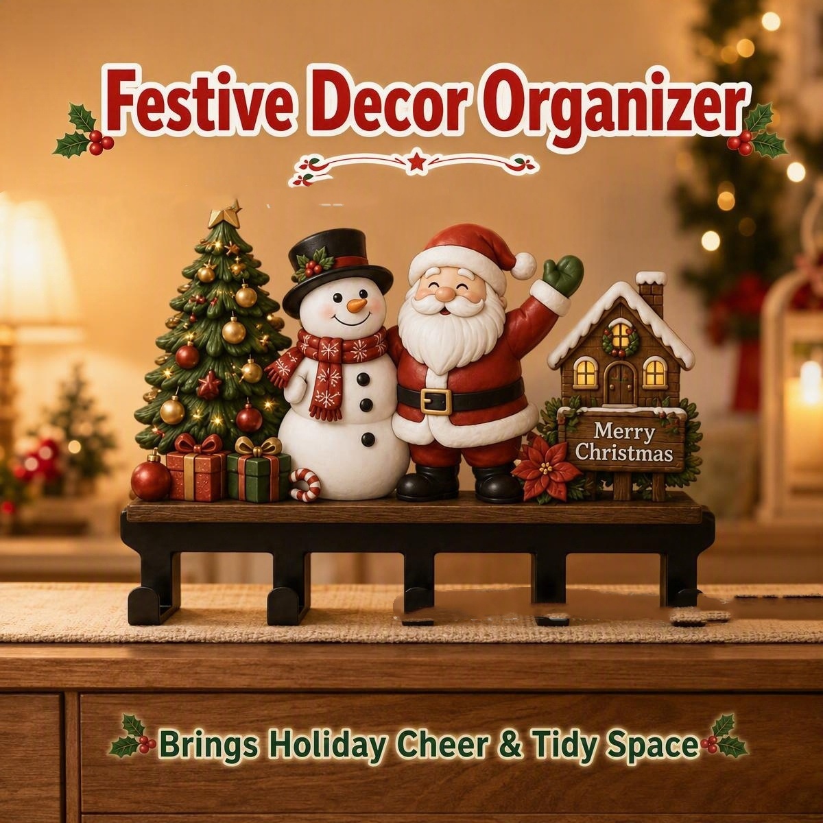 Suport de perete pentru chei cu tematică de Crăciun – Organizator decorativ festiv pentru hol, pentru perioada sărbătorilor de iarnă