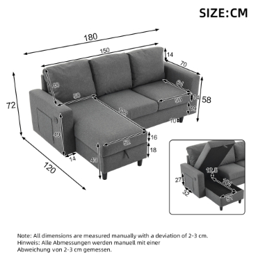 L-Shaped Couch Sofa With Storage, 3 Seater Corner USB, LED Lights, Couches Side — image 5