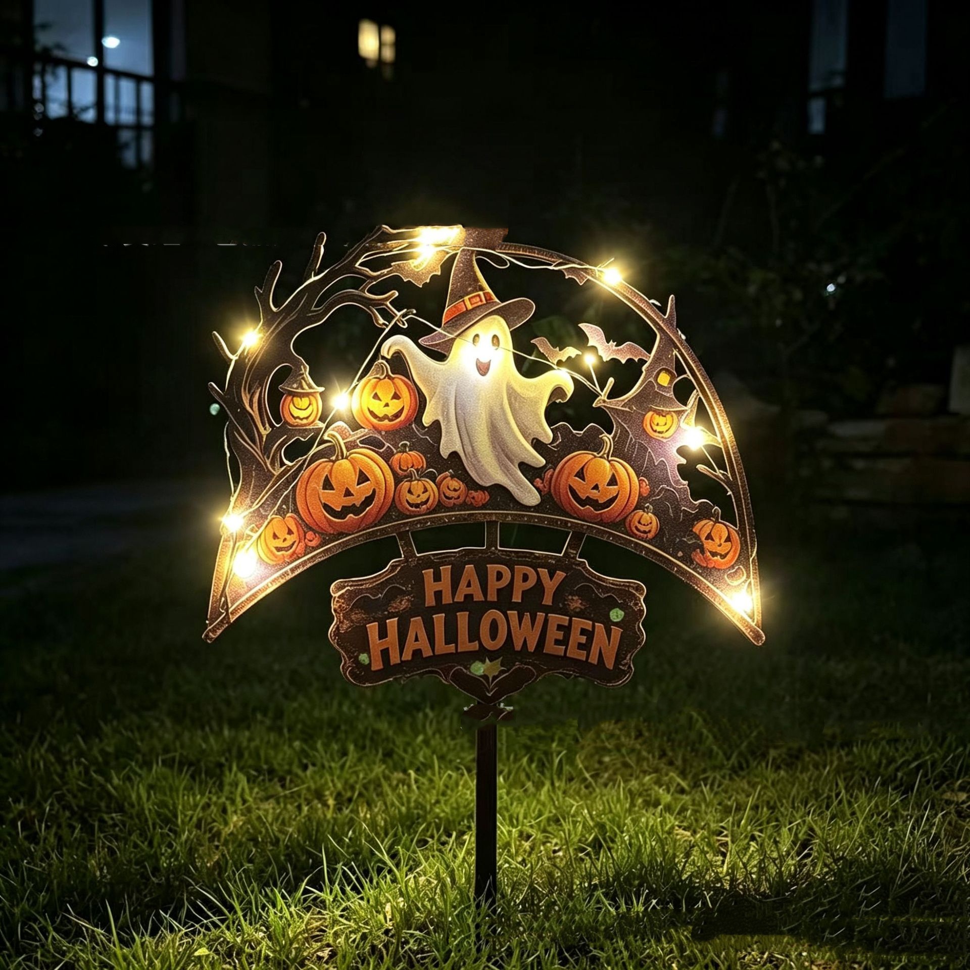 New Halloween Glowing Pumpkin And Ghost Yard Stake Lights