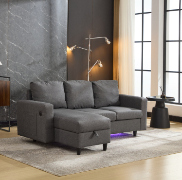 L-Shaped Couch Sofa With Storage, 3 Seater Corner Sofa With USB, LED Lights, Sofa Couches With Side Pockets For Apartment Living Room, Office, Grey, 180x120x72cm